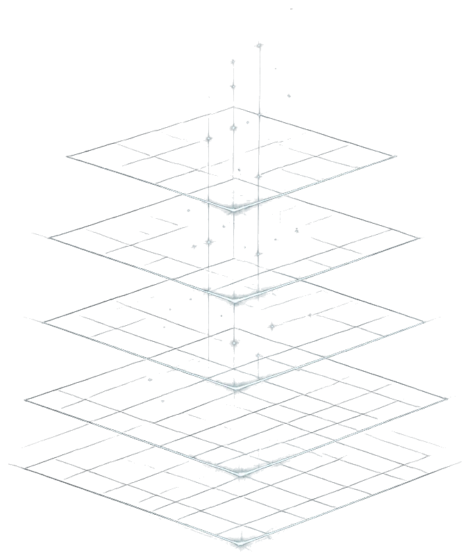 A vertical stack of translucent evaluation planes, rollouts passing down through each release gate