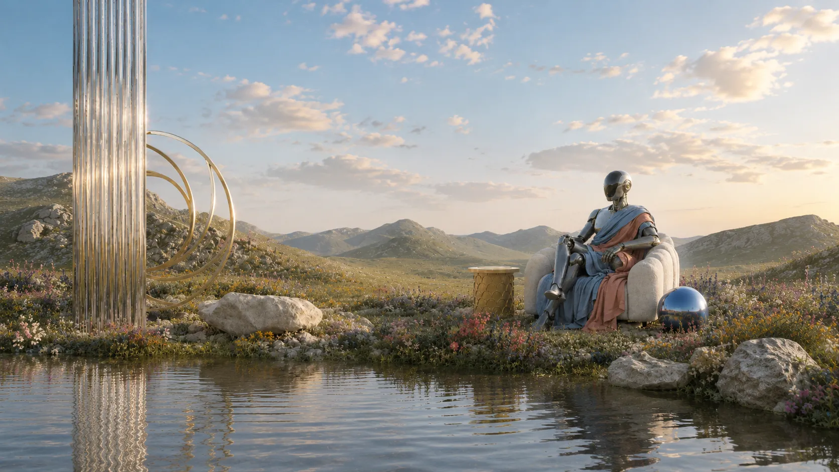 A humanoid robot seated in an armchair in a calm mountain landscape