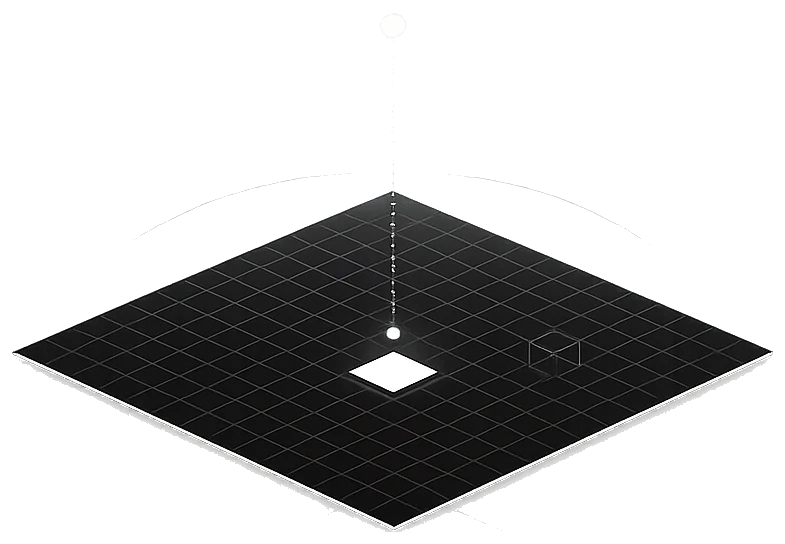 A sim task descending onto a dark grid plane as a glowing tile